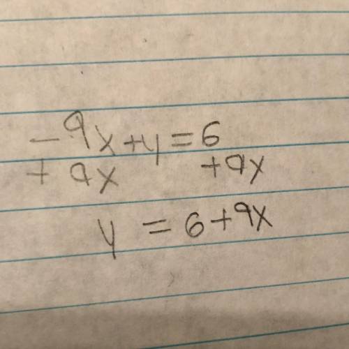 Solve for y -9x+y=6. how can you get y .
