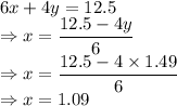 6x+4y=12.5\\\Rightarrow x=\dfrac{12.5-4y}{6}\\\Rightarrow x=\dfrac{12.5-4\times 1.49}{6}\\\Rightarrow x=1.09