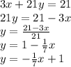 3x + 21y = 21 \\ 21y = 21 - 3x \\ y =  \frac{21 - 3x}{21}  \\ y = 1 -  \frac{1}{7} x \\ y =  -  \frac{1}{7} x + 1