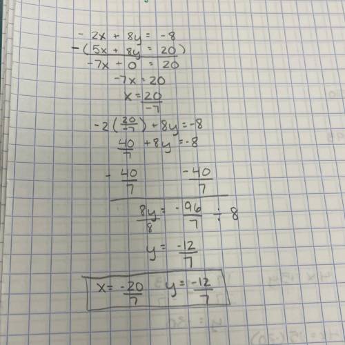 How do i solve -2x+8y=-8, 5x+8y=20 using elimination