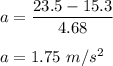 a=\dfrac{23.5 -15.3}{4.68}\\\\a=1.75\ m/s^2