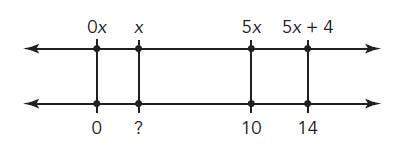 Using the double number line shown, for the equation 5x+4=14, what is the value of x?  a. 1