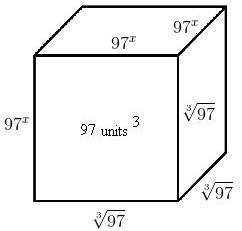 The volume of the cube shown below is 97 units cubed. the length of each side is root of order three