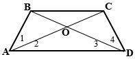 Given: abcd is a trapezoid, m∠1=m∠2, m∠3=m∠4, ab = cd, ac ∩ bd = o  prove: m∠aod = m∠bcd