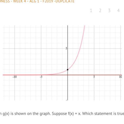 Hurry the exponential function g(x) is shown on the graph. suppose f(x) = x. which statement i