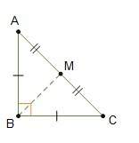 Right triangle abc is isosceles and point m is the midpoint of the hypotenuse. what is t