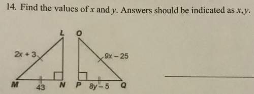 (on geometry ) find the value of x and y. answer should be indicated as x , y.