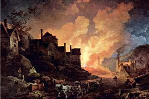 Study this scene of a metal extraction furnace in western england during the early 1800s. then answe