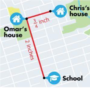 Omar knows that his friend chris lives 3/5 mile away. how far is the school from his house?