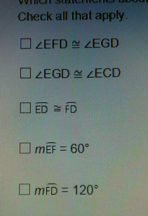 Points e, f, and d are on circle c, and angle g measures 60º. the measure of arc ef equals the