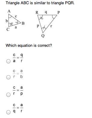Geometry ) triangle abc is similar to triangle pqr.  which equation is corre