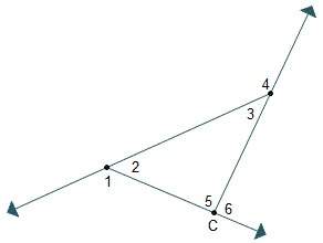 Which is a true statement about the diagram? m∠5 + m∠6 = m∠1 m∠3 + m∠4 + m∠5 = 180° m∠1 + m∠2 = 180
