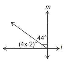 Find the value of x that verifies that l ⊥ m.  a. 10  b. 15  c.