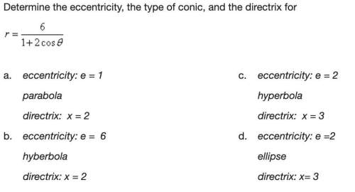 Determine the eccentricity, the type of conic, and the directrix for r=6/1+2cos theta