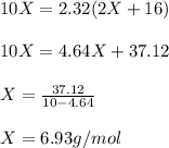 10X=2.32(2X+16)\\\\10X=4.64X+37.12\\\\X=\frac{37.12}{10-4.64}\\\\X= 6.93g/mol
