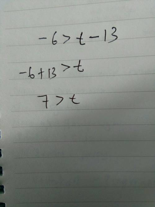 Solve the inequality. -6> t-(13)