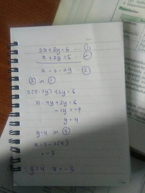 How to solve the system of equations using elimination for 2x+3y=6 and x+2y=5