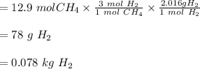 = 12.9 \ mol CH_4 \times  \frac{3 \ mol \ H_2 }{1 \ mol \ CH_4}\times \frac{2.016 g H_2}{1 \ mol \ H_2}\\\\= 78 \ g \ H_2 \\\\= 0.078 \ kg \ H_2