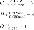 C:\frac{0.1mol}{0.050mol}=2 \\\\H:\frac{0.202mol}{0.050mol} =4\\\\O:\frac{0.050}{0.050}=1 \\\\