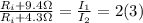 \frac{R_{i} + 9.4 \Omega}{R_{i} + 4.3 \Omega} = \frac{I_{1} }{I_{2}} = 2  (3)