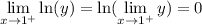 \displaystyle  \lim_{x\to 1^+}\ln(y)=\ln( \lim_{x\to 1^+}y)=0