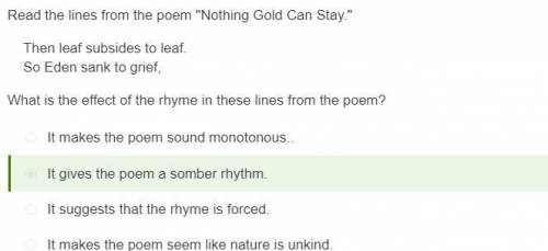 Read the lines from the poem Nothing Gold Can Stay.

Then leaf subsides to leaf.
So Eden sank to g