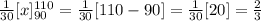 \frac{1}{30}[x]\limits^{110}_{90}  = \frac{1}{30} [ 110 - 90 ] = \frac{1}{30} [ 20] = \frac{2}{3}