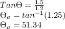 Tan \Theta= \frac{1.5}{1.2}\\\Theta_a = tan^{-1} (1.25)\\\Theta_a = 51.34