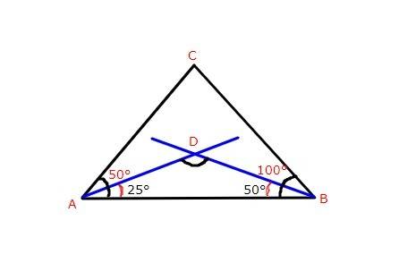 In △abc the angle bisectors drawn from vertices a and b intersect at point  d. find ∠adb if∠a=50°, ∠