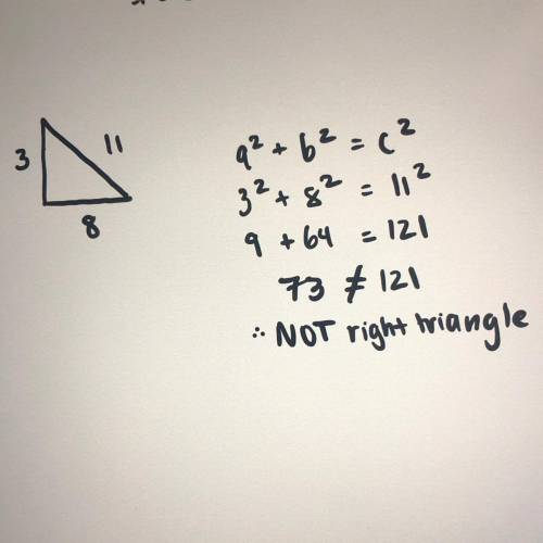A triangle has a side lengths of 3 and 8. The diagonal has a length of 11. Can this be a right trian