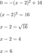 0 = -(x -2)^2 + 16\\\\(x -2)^2 = 16\\\\x - 2 = \sqrt{16}\\\\x -2 = 4\\\\x = 6