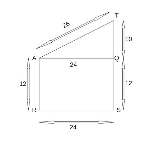 Given:  ar ⊥ rs , ts ⊥ rs at=26, rs=24 ar=12 find:  ts   ts =connect the letters to make a trapezoid