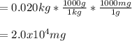 =0.020kg*\frac{1000g}{1kg} *\frac{1000mg}{1g} \\\\=2.0x10^4mg