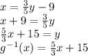 x = \frac{3}{5} y-9\\x + 9 = \frac{3}{5} y\\\frac{5}{3}x + 15 = y \\g^-^1(x) = \frac{5}{3} x + 15