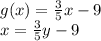 g(x) = \frac{3}{5}x-9\\x = \frac{3}{5}y-9