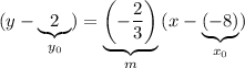 \displaystyle (y - \underbrace{2}_{y_0}) = \underbrace{\left(-\frac{2}{3}\right)}_{m}\, (x - \underbrace{(-8)}_{x_0})