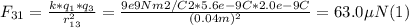F_{31} =\frac{k*q_{1}*q_{3} }{r_{13}^{2}} = \frac{9e9Nm2/C2*5.6e-9C*2.0e-9C}{(0.04m)^{2}}  = 63.0 \mu N   (1)