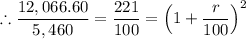 \therefore \dfrac{12,066.60}{5,460} =\dfrac{221}{100} = \left ( 1 + \dfrac{r}{100} \right ) ^{2}