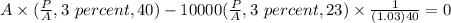 A\times (\frac{P}{A} ,3 \ percent,40) - 10000 (\frac{P}{A} ,3 \ percent,23)\times \frac{1}{(1.03)40} = 0