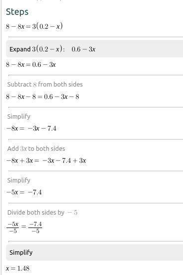 8 - 8x = 3(.2 - x) what does x represent