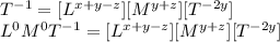 T^{-1} = [L^{x + y -z}][M^{y + z} ][T^{-2y} ] \\L^{0} M^{0} T^{-1} = [L^{x + y -z}][M^{y + z} ][T^{-2y} ]