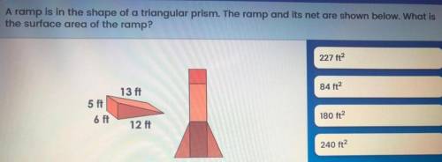 A ramp is in the shape of a triangular prism.The ramp and its net are shown below.What is the surfac