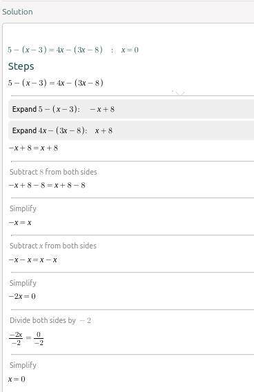 5−(x−3)=4x−(3x−8)
Résoudre l’équation