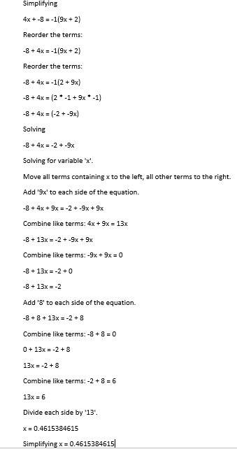What is the solution set to  4x – 8 = 9x + 2