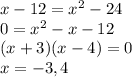 x-12=x^2-24\\0 = x^2 -x - 12\\(x +3)(x-4)=0\\x = -3,4