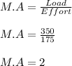 M.A = \frac{Load}{Effort} \\\\M.A = \frac{350}{175} \\\\M.A = 2