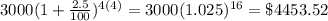 3000(1+\frac{2.5}{100})^{4(4)}=3000(1.025)^{16}=\$4453.52
