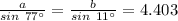 \frac{a}{sin\ 77^{\circ}} = \frac{b}{sin\ 11^{\circ}} = 4.403