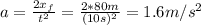 a = \frac{2x_{f}}{t^{2}} = \frac{2*80 m}{(10 s)^{2}} = 1.6 m/s^{2}