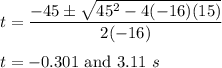 t=\dfrac{-45\pm \sqrt{45^2-4(-16)(15)} }{2(-16)}\\\\t=-0.301\ \text{and}\ 3.11\ s